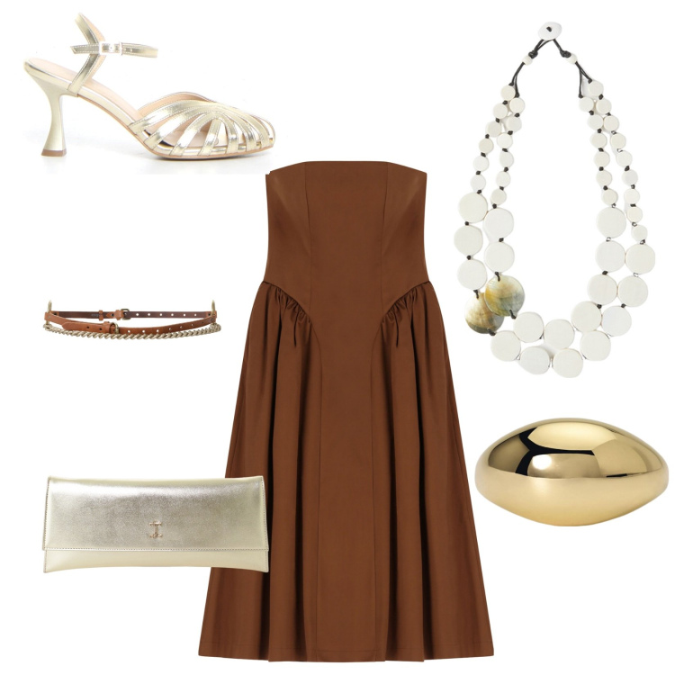 Outfit donna - Vintage brown. Stile Casual chic per Serata fuori. Abbinamento con anelli, vestiti midi/longuette, pochette, ciondoli, cinture, sandali col tacco.