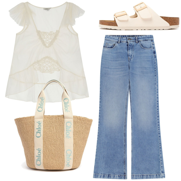 Outfit donna - Avorio e jeans. Stile Casual chic per Tutti i giorni. Abbinamento con top, jeans, sandali, shopping bag.