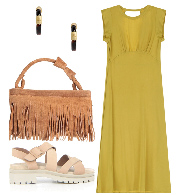 Outfit donna - Senape. Stile Chic per Ufficio. Abbinamento con borse a mano, vestiti midi/longuette, orecchini, sandali.