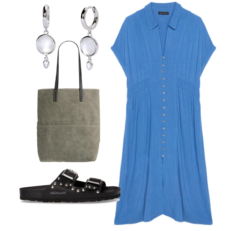 Outfit donna - Azzurra. Stile Bon Ton per Tutti i giorni. Abbinamento con borse a spalla, orecchini, vestiti chemisier, ciabatte.
