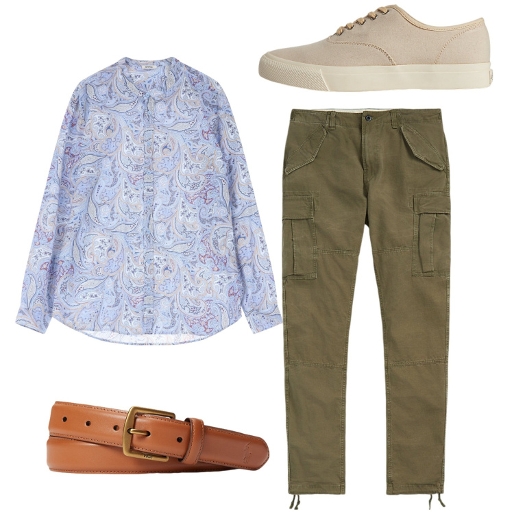 Outfit uomo - Pomeriggio. Stile Casual per Tutti i giorni. Abbinamento con camicie, sneakers, cinture, pantaloni cargo.