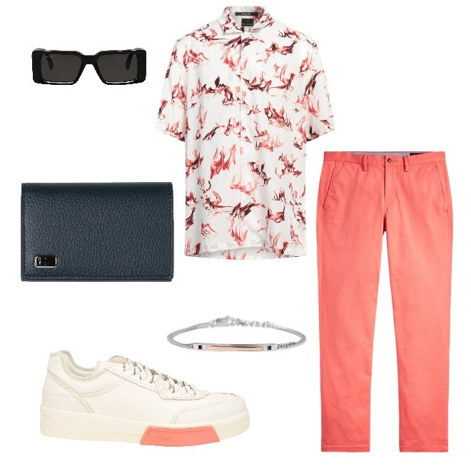 Outfit uomo - Un tocco di colore. Stile Casual per Tutti i giorni. Abbinamento con braccialetti, pantaloni, camicie a manica corta, portachiavi, sneakers, occhiali da sole.
