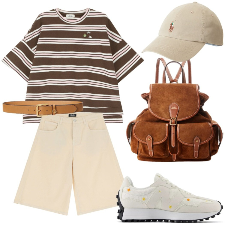 Outfit donna - In viaggio. Stile Casual chic per Tutti i giorni. Abbinamento con sneakers, bermuda, t-shirt, zaini, cappelli, cinture.
