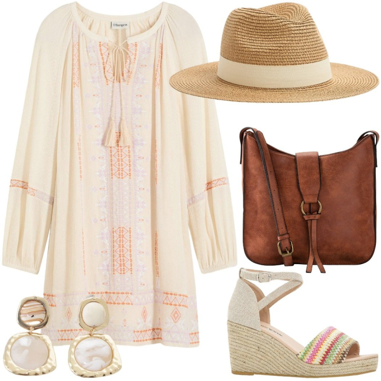 Outfit donna - Boho chic. Stile Boho per Tutti i giorni. Abbinamento con vestiti corti, borse a tracolla, sandali, cappelli, orecchini.