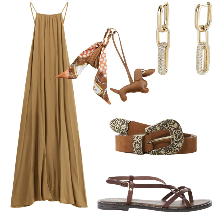 Outfit donna - Vintage in estate. Stile Vintage retrò per Tutti i giorni. Abbinamento con orecchini, portachiavi, vestiti lunghi, cinture, sandali.