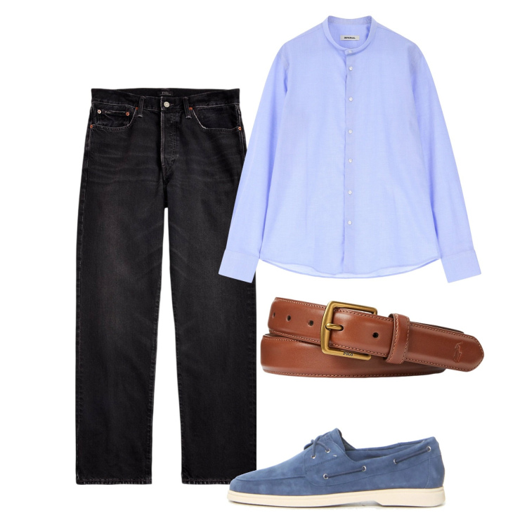 Outfit uomo - Coreana azzurra. Stile Casual per Tutti i giorni. Abbinamento con camicie, cinture, jeans dritti, scarpe stringate.