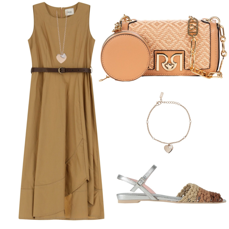 Outfit donna - Vento del deserto. Stile Casual chic per Tutti i giorni. Abbinamento con sandali in pelle, vestiti midi/longuette, braccialetti con ciondoli, ciondoli, borse a tracolla.