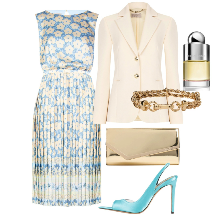 Outfit donna - Giugno cerimonia. Stile Chic per Cerimonia. Abbinamento con sandali col tacco, profumi, vestiti midi/longuette, blazer, braccialetti, pochette.