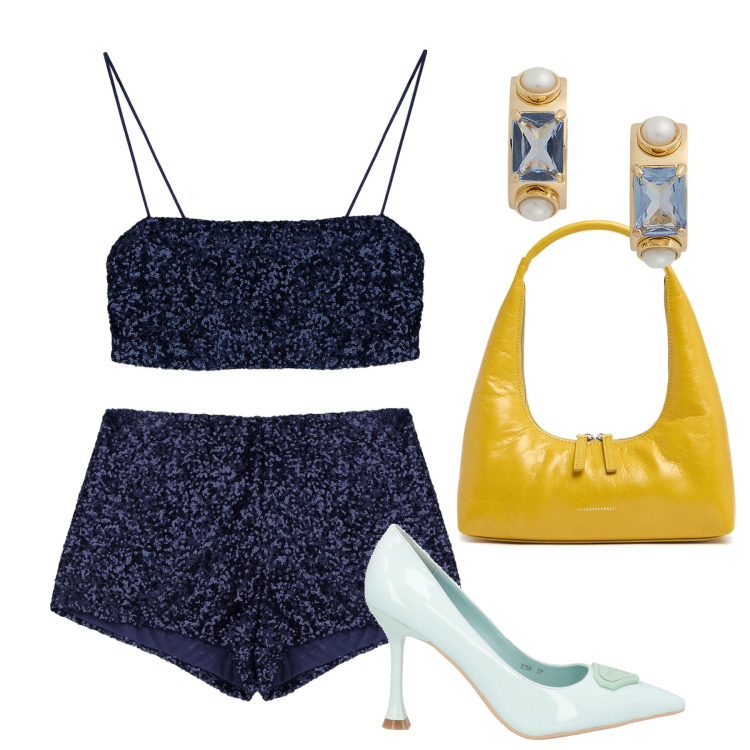 Outfit donna - Blu ocra. Stile Minimal Abbinamento con décolleté, shorts, top, orecchini, borse a spalla.