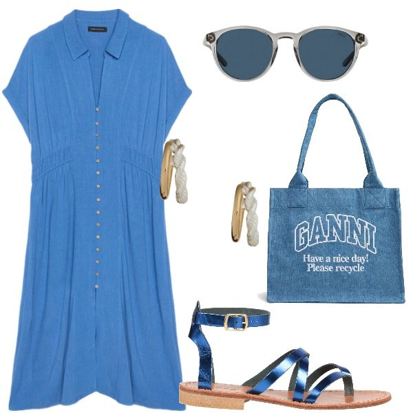Outfit donna - La borsa in tela. Stile Casual per Tutti i giorni. Abbinamento con infradito, occhiali da sole, orecchini, vestiti chemisier, shopping bag.