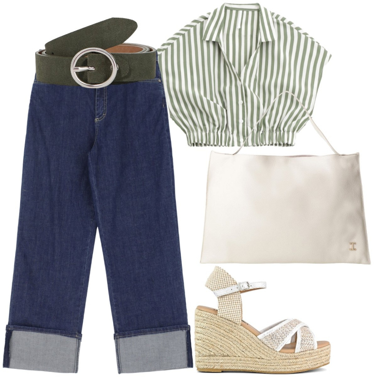 Outfit donna - Total look #2188005. Stile Vintage retrò per Tutti i giorni. Abbinamento con jeans, camicie a manica corta, borse a spalla, cinture, zeppe.