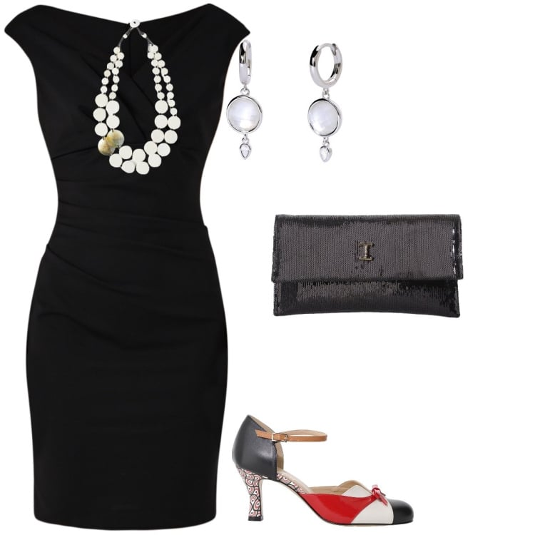 Outfit donna - Il tubino non passa mai di moda. Stile Vintage retrò per Serata fuori. Abbinamento con vestiti a tubino, orecchini, borse a tracolla, décolleté, ciondoli.