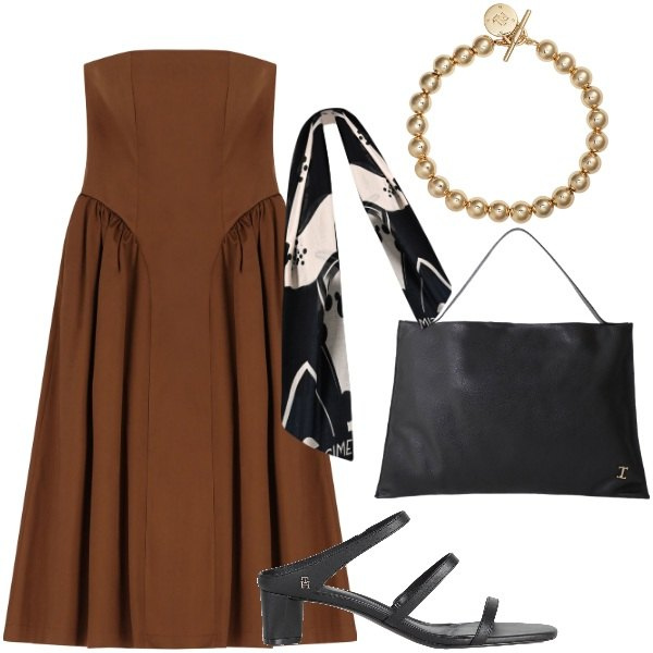 Outfit donna - A cena fuori. Stile Glamour per Serata fuori. Abbinamento con sandali in pelle, sciarpe, borse a spalla, vestiti midi/longuette, braccialetti.