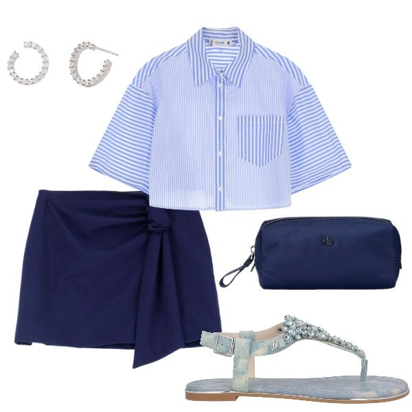 Outfit donna - La gonna con il nodo. Stile Casual chic per Serata fuori. Abbinamento con infradito, orecchini, camicie, minigonne, pochette.