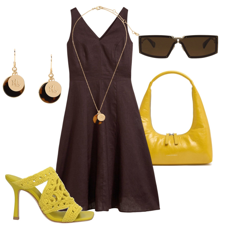 Outfit donna - Lino, crochet, lime&marrone. Stile Glamour per Tutti i giorni. Abbinamento con vestiti midi/longuette, sandali in pelle, occhiali da sole, collane, orecchini, borse a spalla.