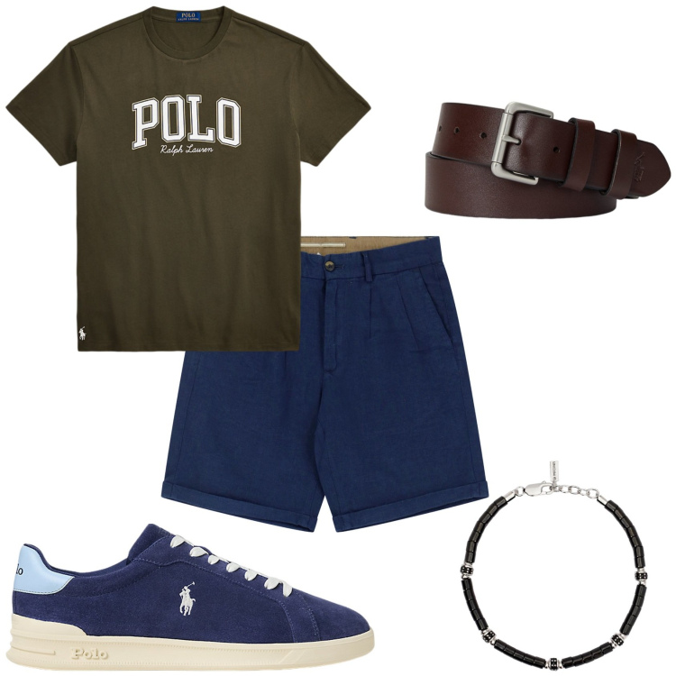 Outfit uomo - La serata al mare. Stile Urban per Tutti i giorni. Abbinamento con braccialetti, bermuda, cinture, t-shirt, sneakers.