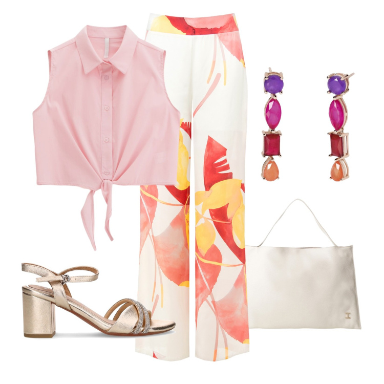 Outfit donna - Energia d\'estate!. Stile Casual chic per Serata fuori. Abbinamento con camicie, borse a spalla, orecchini, pantaloni, sandali in pelle.