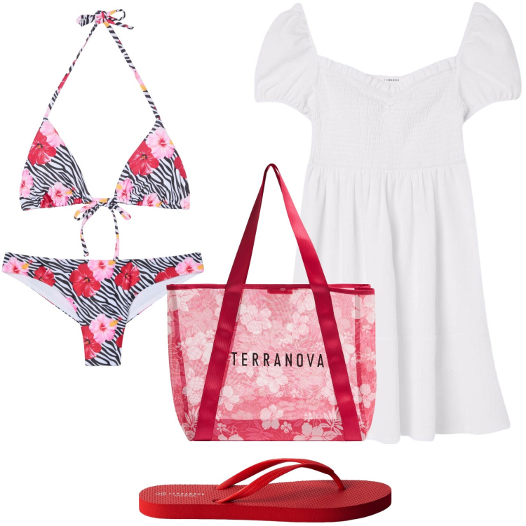 Outfit donna - Total look terranova. Stile Casual per Mare. Abbinamento con vestiti corti, shopping bag, infradito, bikini, bikini.
