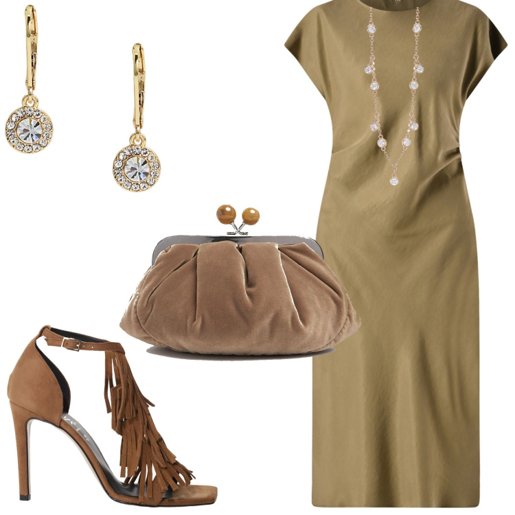 Outfit donna - A cena fuori. Stile Chic per Serata fuori. Abbinamento con décolleté, collane, vestiti midi/longuette, orecchini, pochette.