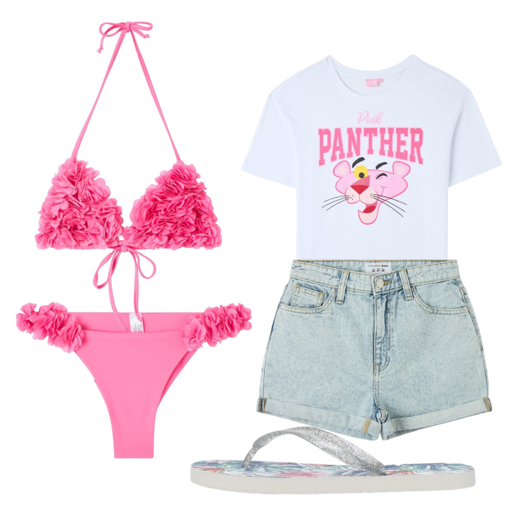 Outfit donna - Pink Panther. Stile Urban per Mare. Abbinamento con shorts, bikini, infradito, t-shirt, bikini.