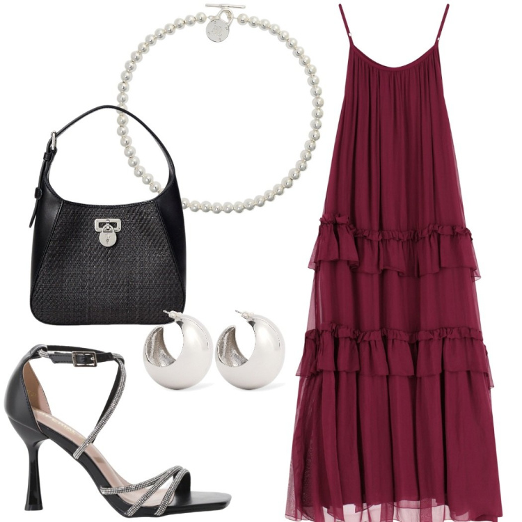 Outfit donna - Serata Romantica. Stile Romantica per Serata fuori. Abbinamento con sandali col tacco, vestiti lunghi, collane, borse a tracolla, orecchini.
