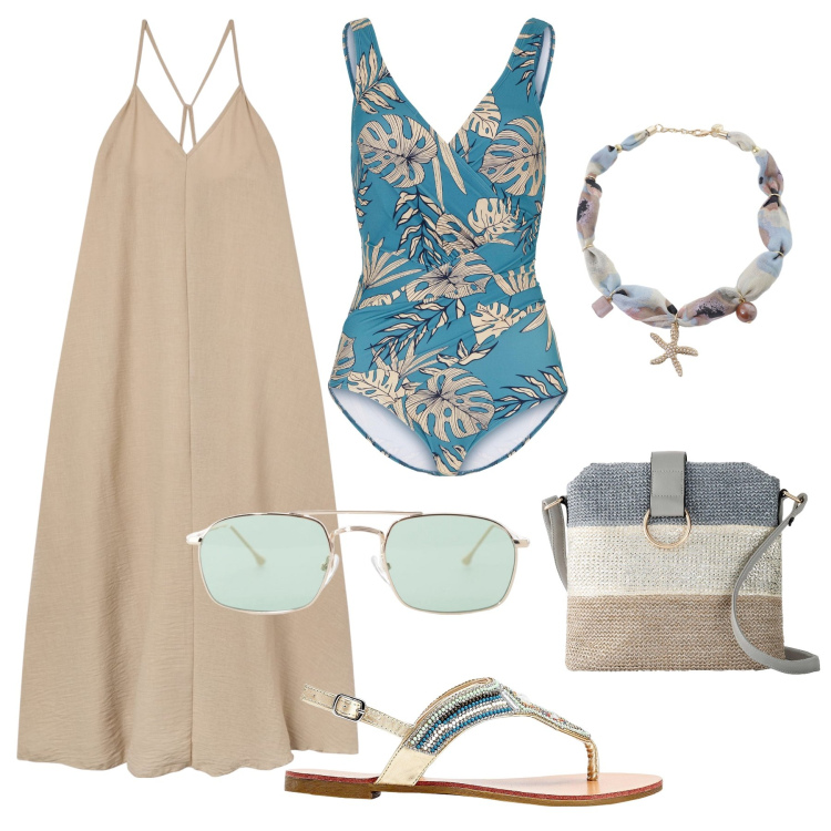 Outfit donna - Costume intero passpartout-@susystyle. Stile Glamour per Mare. Abbinamento con ciabatte, costumi interi, borse a tracolla, vestiti lunghi, occhiali da sole, collane.