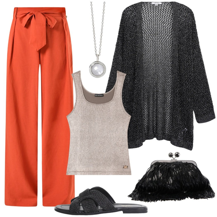 Outfit donna - Festa in giardino. Stile Casual chic per Serata fuori. Abbinamento con kimono, pantaloni, collane, canottiere, sandali, pochette.