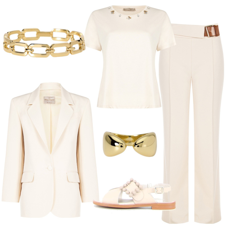 Outfit donna - Bianco elegante. Stile Chic per Cerimonia. Abbinamento con braccialetti, anelli, pantaloni, t-shirt, blazer, sandali.