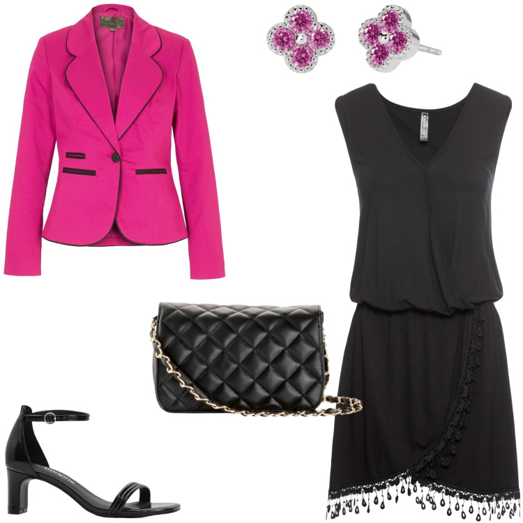Outfit donna - Una serata spensierata. Stile Chic per Serata fuori. Abbinamento con vestiti, borse a tracolla, blazer, sandali col tacco, orecchini.