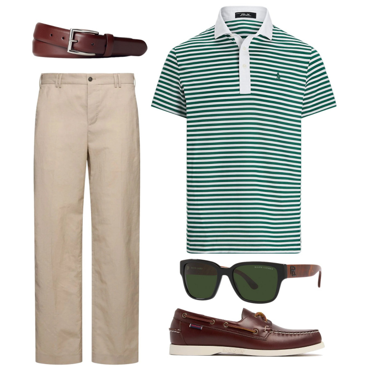 Outfit uomo - Polo a righe Ralph Lauren. Stile Trendy per Tutti i giorni. Abbinamento con cinture, occhiali da sole, polo, scarpe stringate, pantaloni.