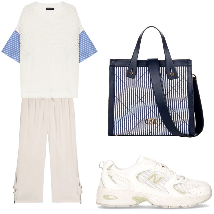 Outfit donna - Aperitivo. Stile Trendy per Tutti i giorni. Abbinamento con shopping bag, pantaloni, maglieria, sneakers.