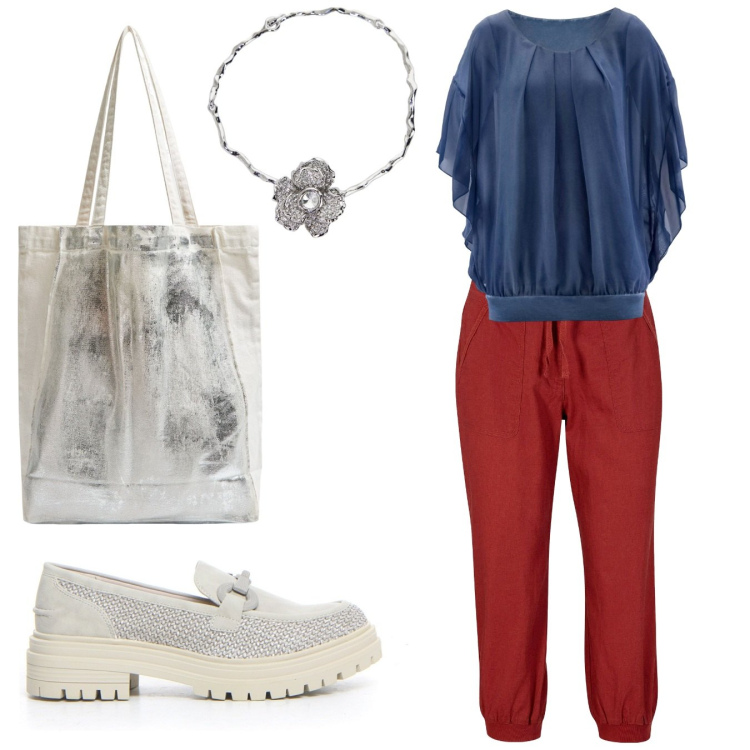 Outfit donna - Total look #2188075. Stile Urban per Tutti i giorni. Abbinamento con bluse, pantaloni capri, shopping bag, collane, mocassini.