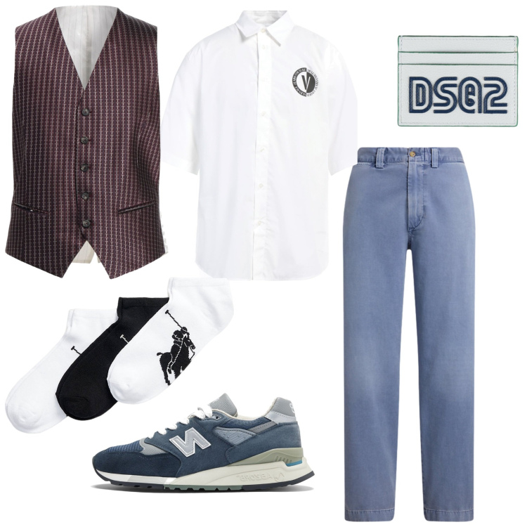 Outfit uomo - Total look #2188076. Abbinamento con sneakers, pantaloni, calzini, portafogli, camicie a manica corta, gilet.