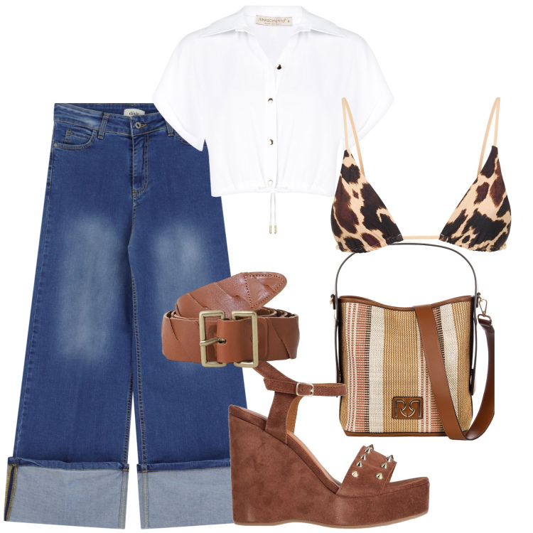 Outfit donna - Disinvolta. Stile Casual chic per Tutti i giorni. Abbinamento con sandali in pelle, borse a secchiello, camicie a manica corta, jeans dritti, cinture, bikini.