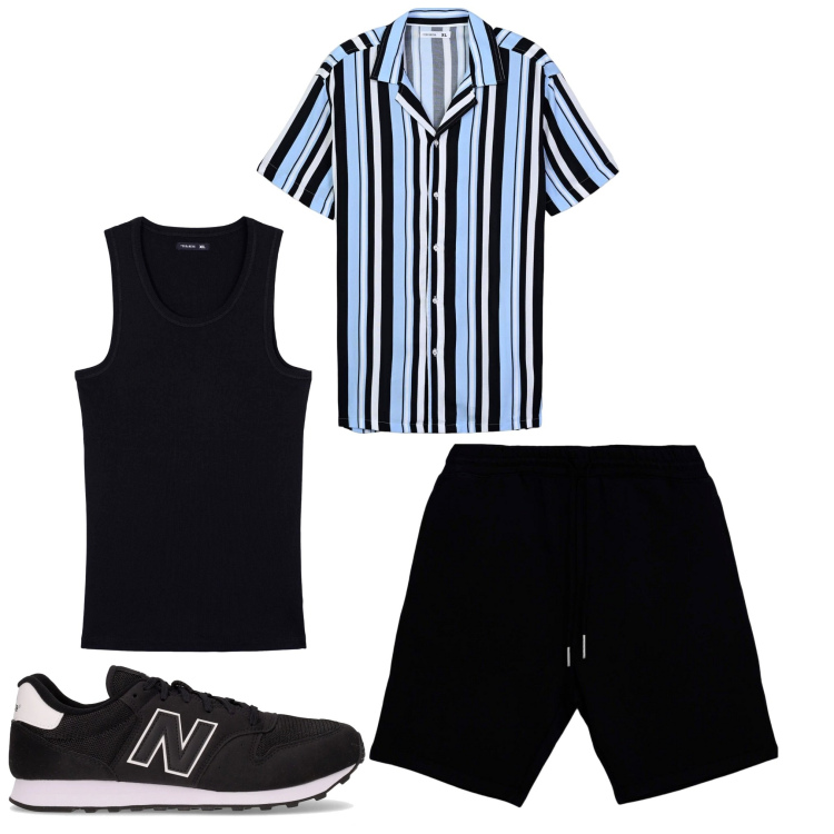 Outfit uomo - Righe e nero. Stile Casual per Tutti i giorni. Abbinamento con camicie a manica corta, canottiere, pantaloni corti, sneakers.