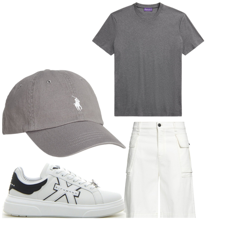 Outfit uomo - Grigio per me. Stile Casual per Tutti i giorni. Abbinamento con shorts, cappelli, t-shirt, sneakers.