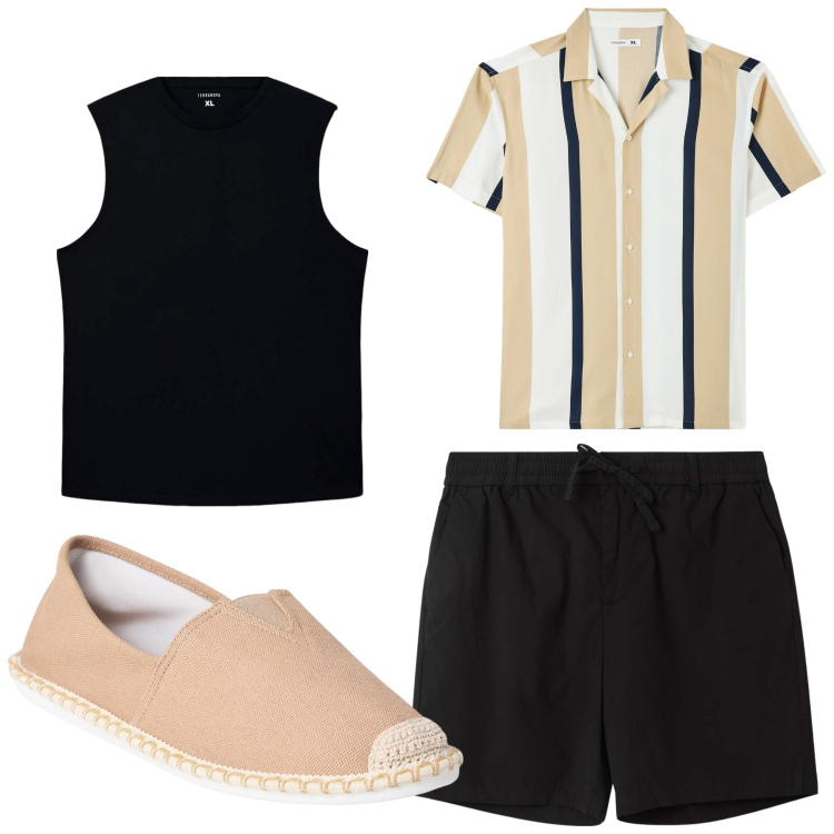 Outfit uomo - Casual. Stile Casual per Tutti i giorni. Abbinamento con camicie a manica corta, espadrillas, canottiere, pantaloni corti.