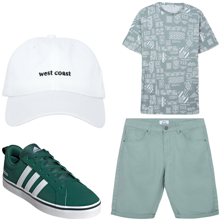 Outfit uomo - Verde. Stile Casual per Tutti i giorni. Abbinamento con cappelli, bermuda, t-shirt, sneakers.