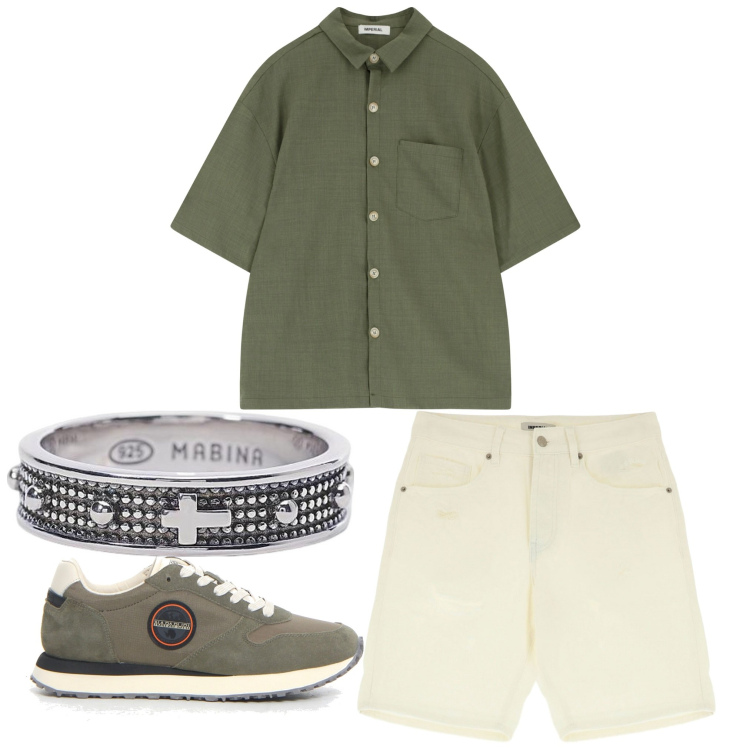 Outfit uomo - Serata semplice. Stile Casual per Serata speciale. Abbinamento con anelli, camicie a manica corta, bermuda, sneakers.