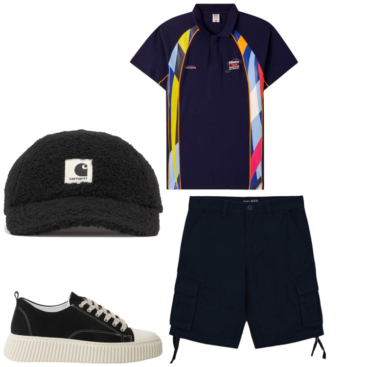 Outfit uomo - Nero e colori. Stile Casual per Tutti i giorni. Abbinamento con polo, bermuda, sneakers, cappelli.