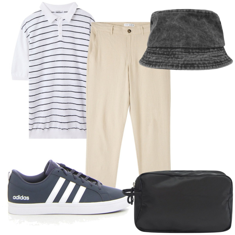 Outfit uomo - Weekend in stile resort low cost. Stile Trendy per Tutti i giorni. Abbinamento con pantaloni, polo, borse sportive, cappelli, sneakers.