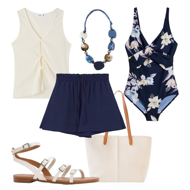 Outfit donna - 1^ giorno di mare blu - @ambrosiajsi. Stile Trendy per Mare. Abbinamento con costumi interi, sandali, shopping bag, top, shorts, collane.