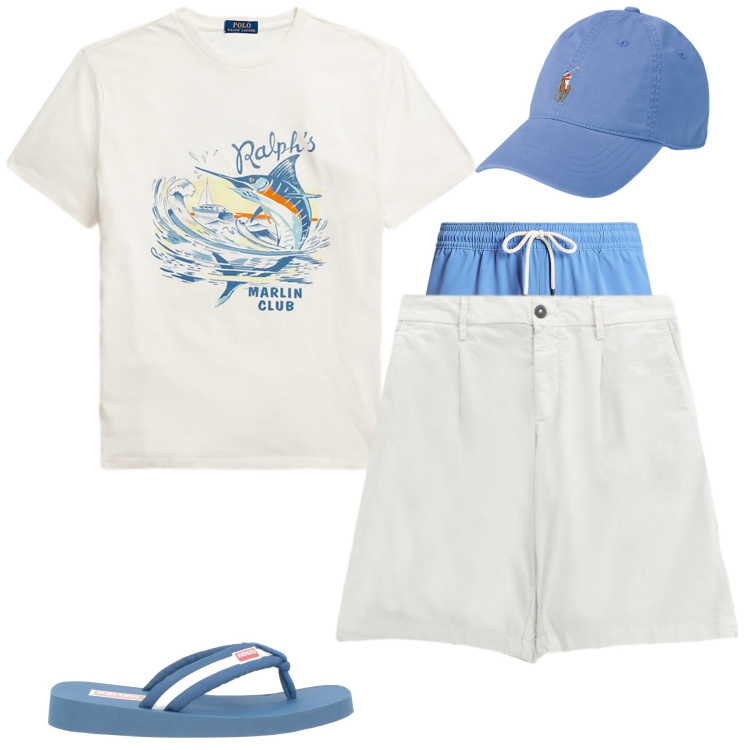 Outfit uomo - Al mare. Stile Casual per Sport. Abbinamento con sandali, bermuda, costumi, cappelli, t-shirt.