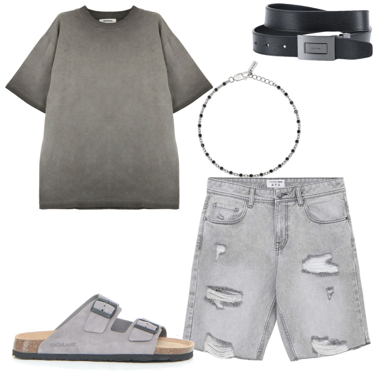 Outfit uomo - Giornata libera dal lavoro. Stile Casual per Tutti i giorni. Abbinamento con cinture, pantaloni corti, braccialetti, t-shirt, sandali.