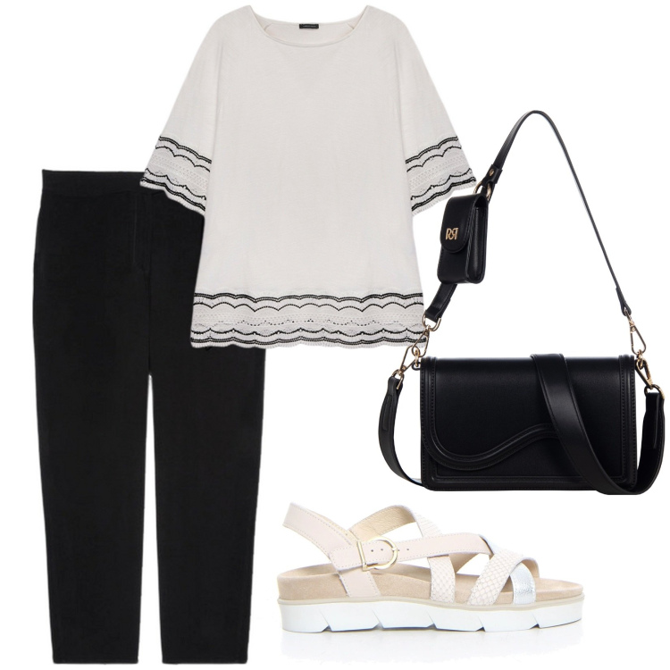 Outfit donna - Black and White. Stile Basic per Tutti i giorni. Abbinamento con pochette, pantaloni, bluse, sandali.