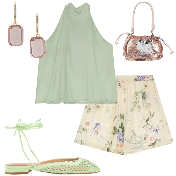 Outfit donna - Aperitivo con amici. Stile Casual chic per Serata fuori. Abbinamento con ballerine, borse a mano, pantaloni corti, top, orecchini.