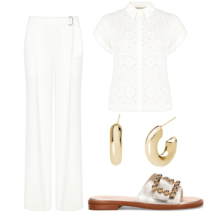 Outfit donna - Bianco e pizzo Sangallo. Stile Minimal per Tutti i giorni. Abbinamento con pantaloni, camicie a manica corta, orecchini, ciabatte.