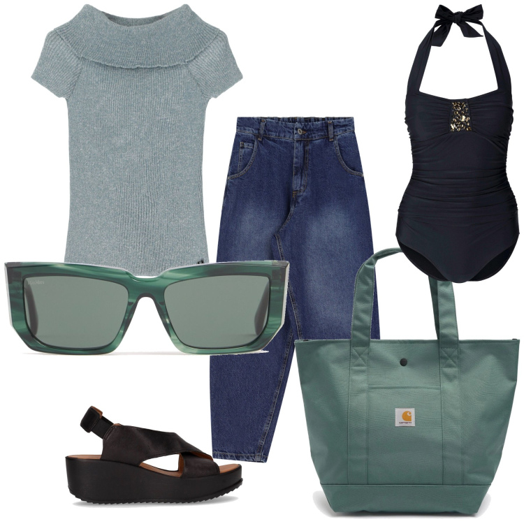 Outfit donna - L ufficio sul mare. Stile Sporty chic per Tutti i giorni. Abbinamento con costumi interi, pullovers, jeans, sandali, occhiali da sole, borse tote.