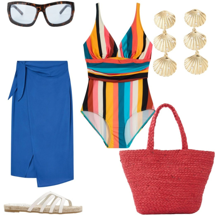 Outfit donna - Multicolor. Stile Glamour per Mare. Abbinamento con costumi interi, ciabatte, shopping bag, gonne lunghe, orecchini, occhiali da sole.