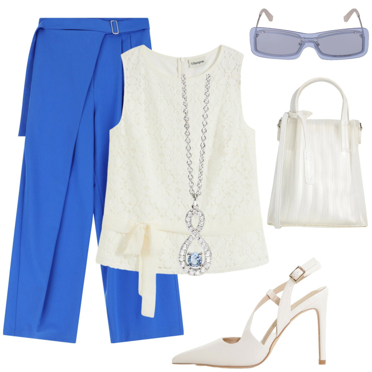 Outfit donna - Pantaloni palazzo. Stile Glamour per Ufficio. Abbinamento con top, borse a mano, ciondoli, pantaloni a palazzo, décolleté, occhiali da sole.